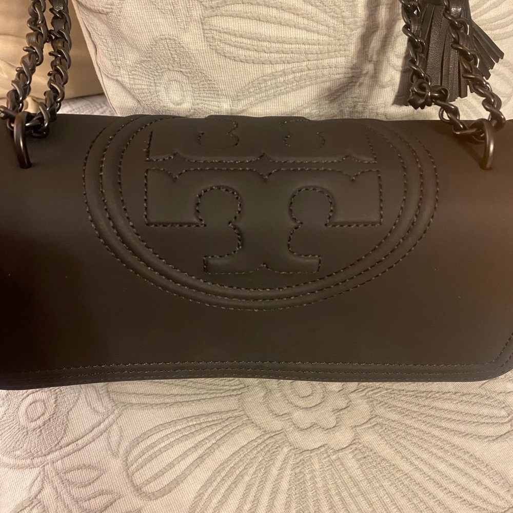 Tory Burch Fleming Matte Black Leather Shoulder Bag with Chain- Large